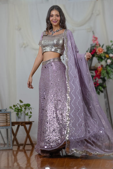 Intricately Embroidered Purple Lehenga with Thread, Sequence and Mirror Work